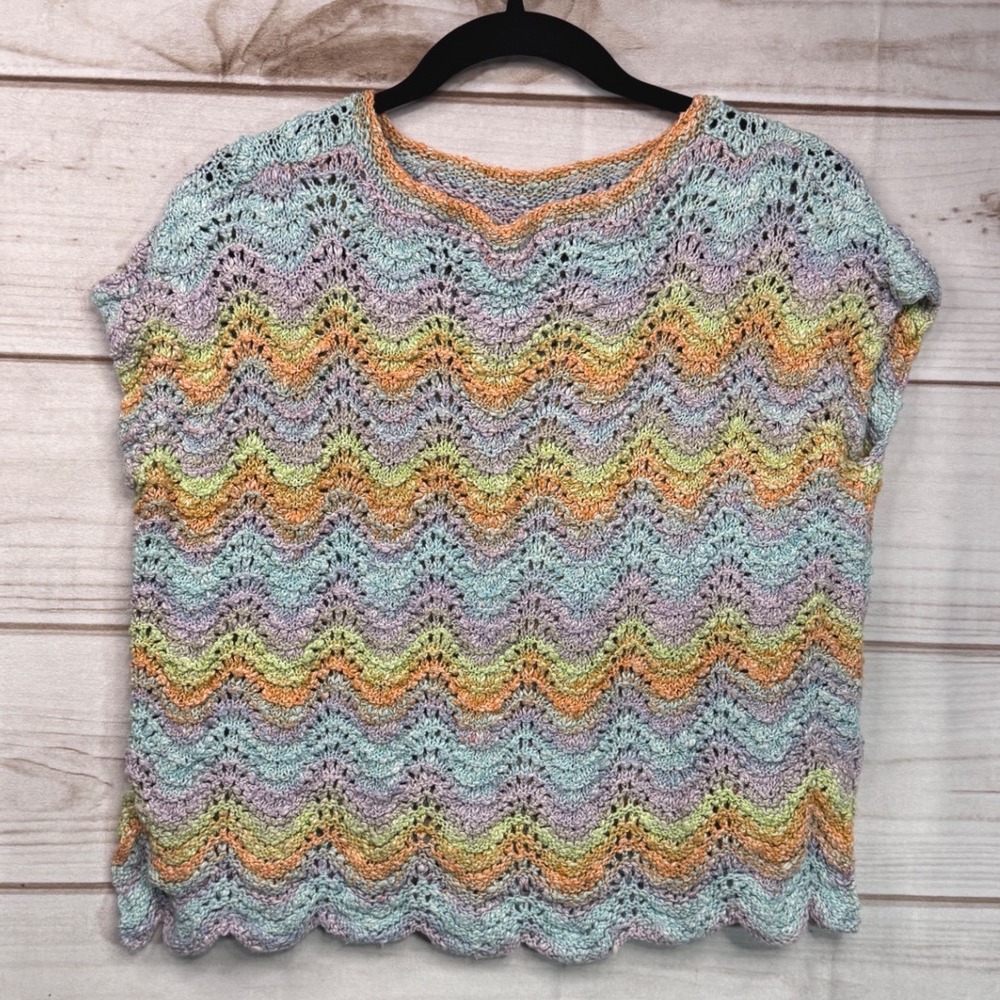 Handmade Crochet Knit Chevron Top Pastel Multi Color Scalloped Hem Sleeveless